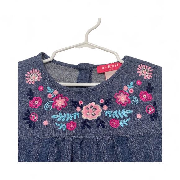 U Knit Girls Denim Long Sleeve Embroidered Floral Pattern Dress 5T - Picture 3 of 6